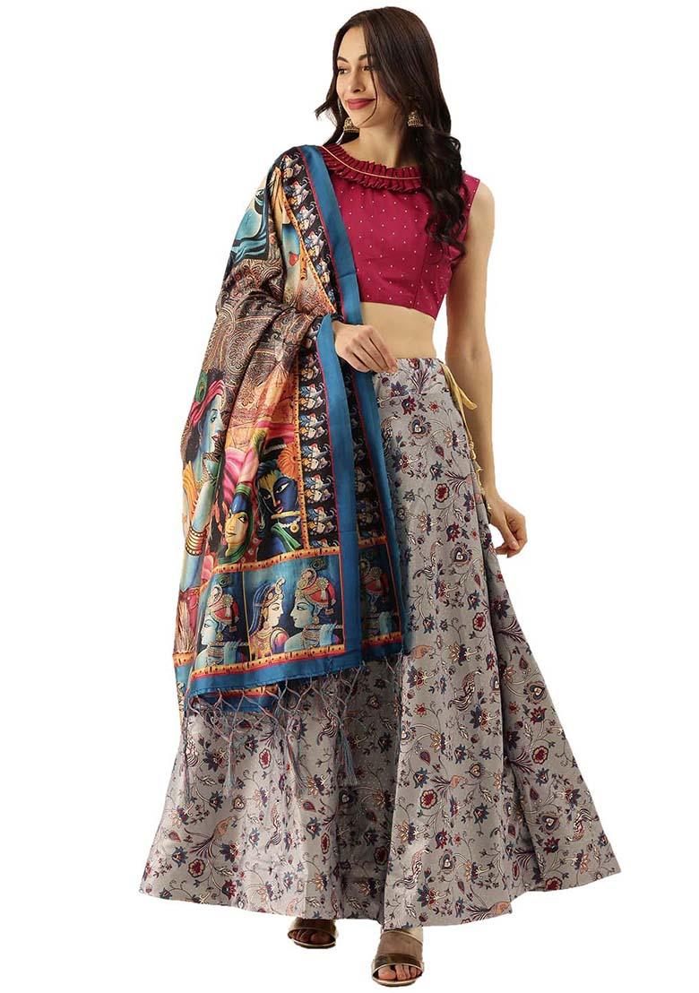 Grey Printed Silk Lehenga Set