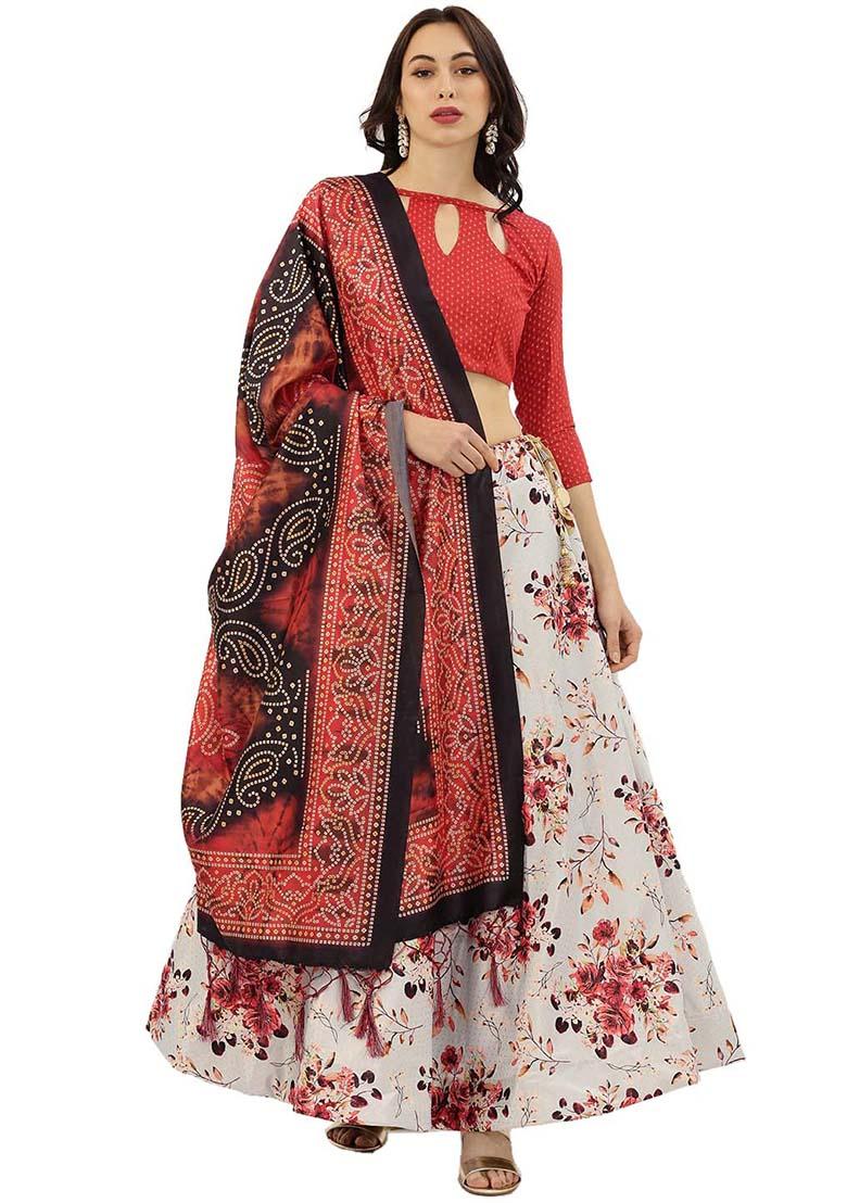 Beige Printed Silk Lehenga Set