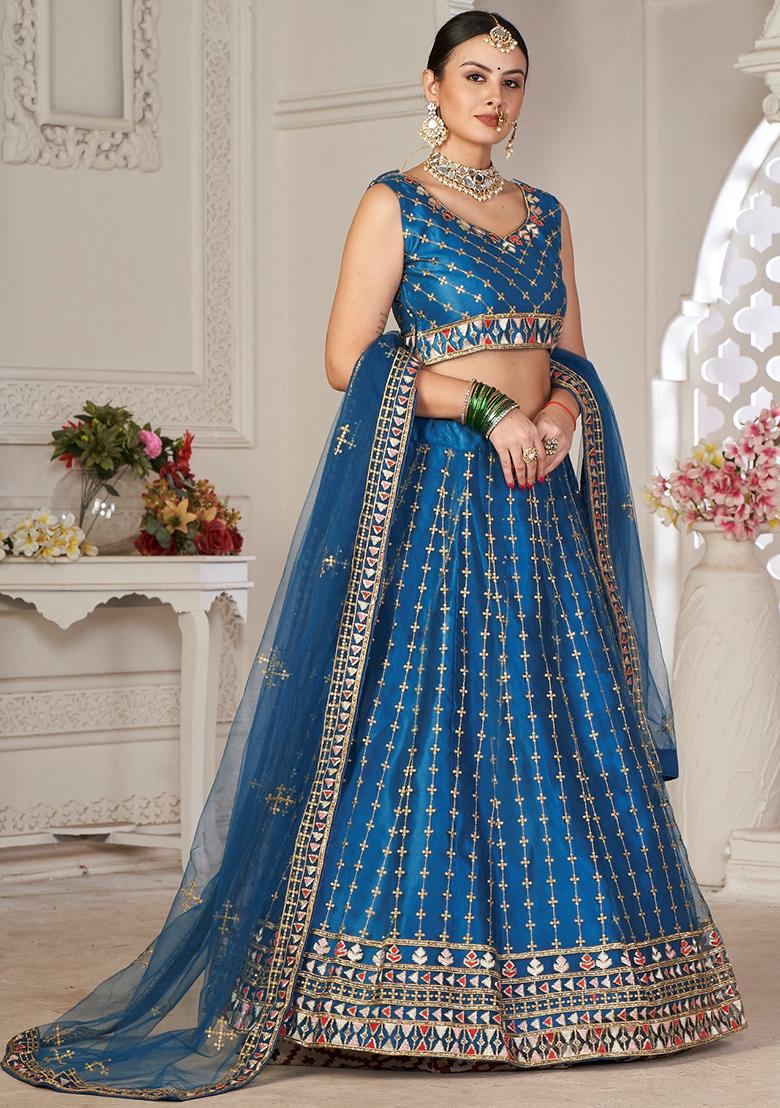 Rama Blue Embroidered Net Lehenga Set