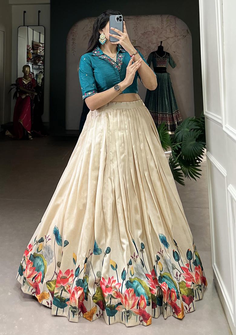 Off White Floral Print Tussar Silk Lehenga Set