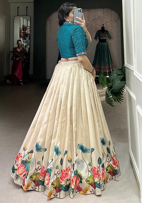 Off White Floral Print Tussar Silk Lehenga Set