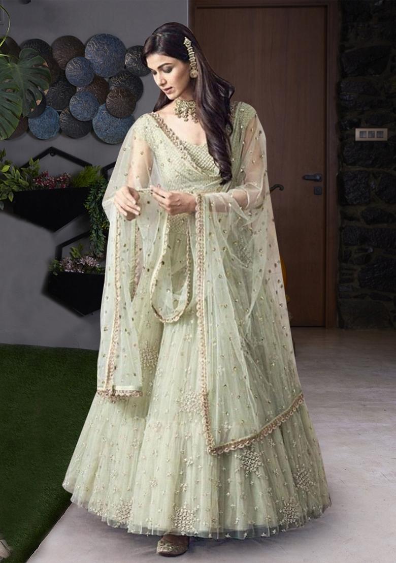 Light Green Embroidered Net Lehenga Set