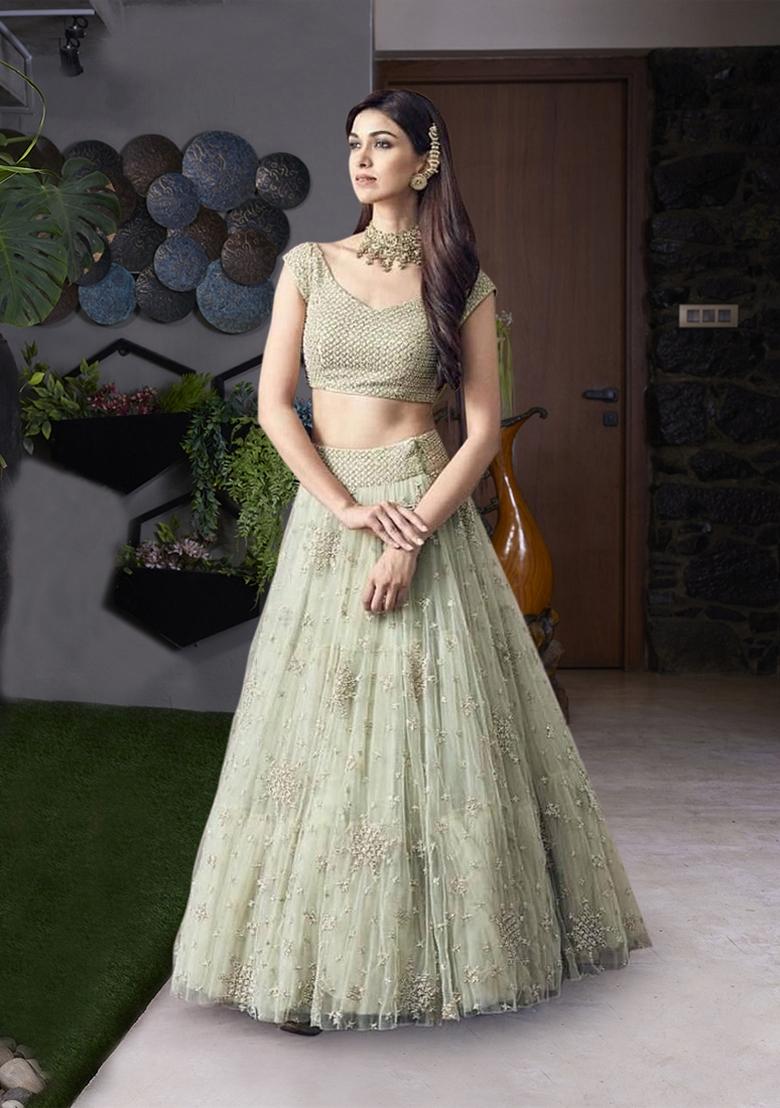 Light Green Embroidered Net Lehenga Set
