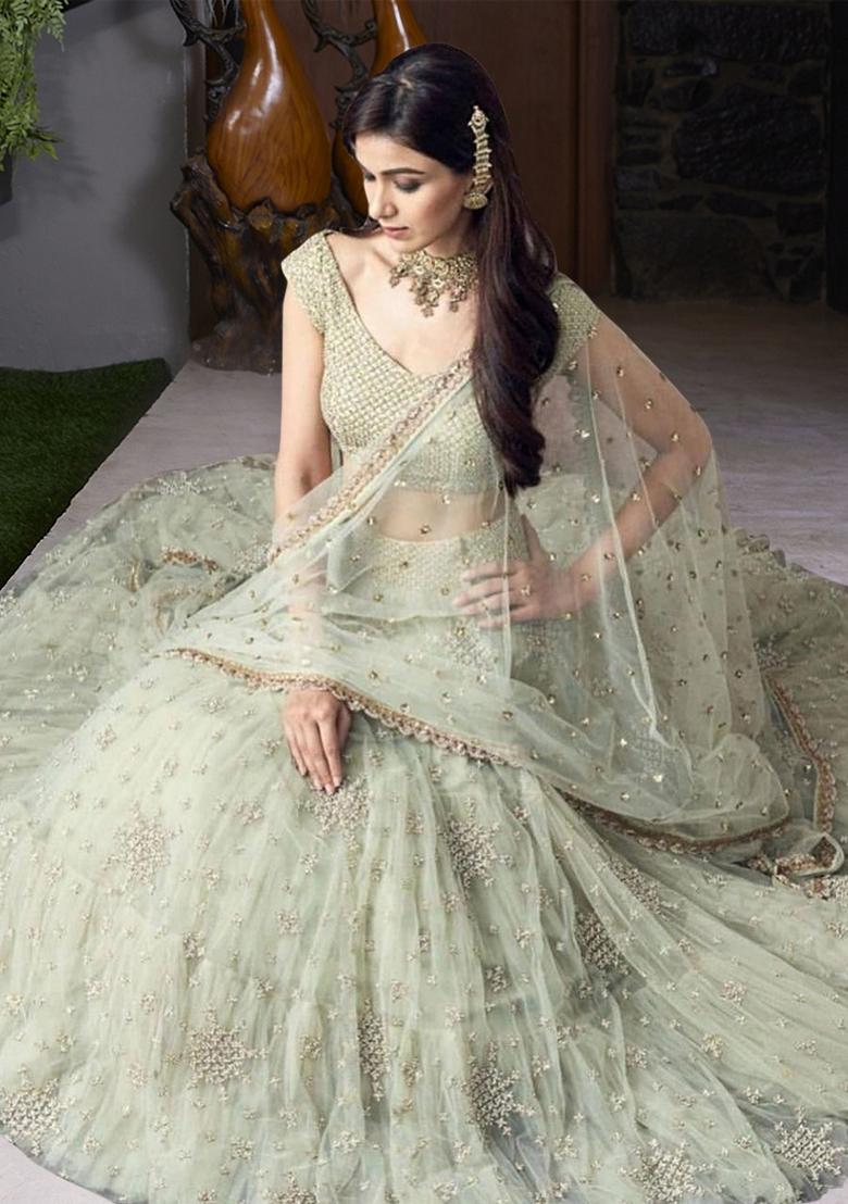 Light Green Embroidered Net Lehenga Set