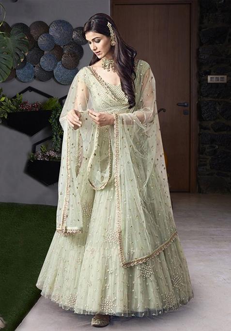 Light Green Embroidered Net Lehenga Set