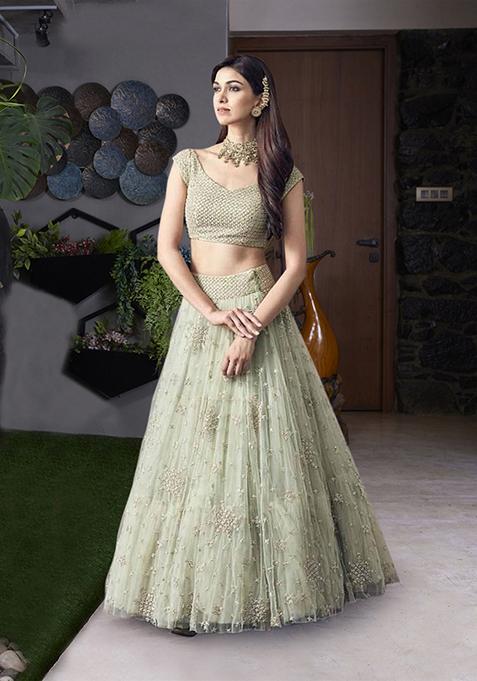 Light Green Embroidered Net Lehenga Set