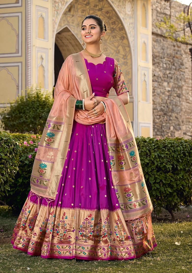 Purple Zari Woven Jacquard Silk Lehenga Set With Purse