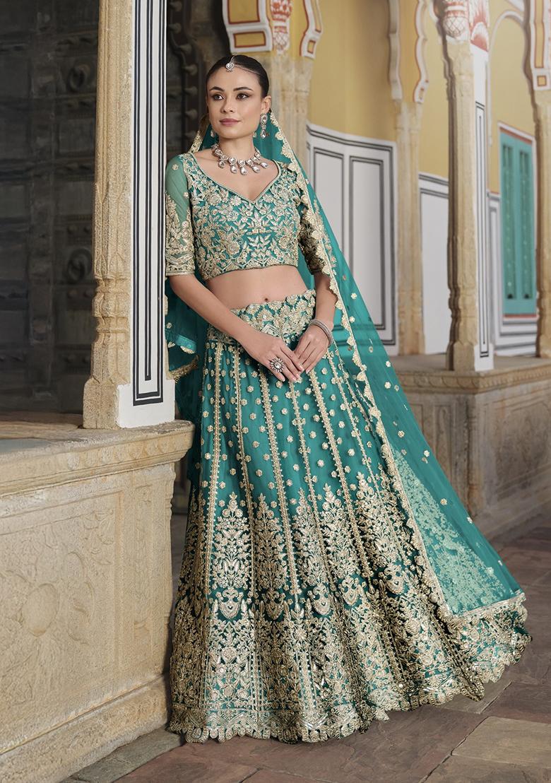 Teal Green Zari Thread Embroidered Net Lehenga Set
