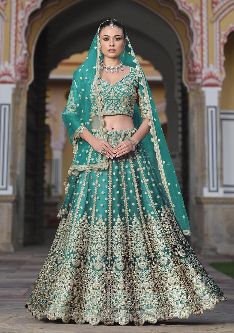 Teal Green Zari Thread Embroidered Net Lehenga Set
