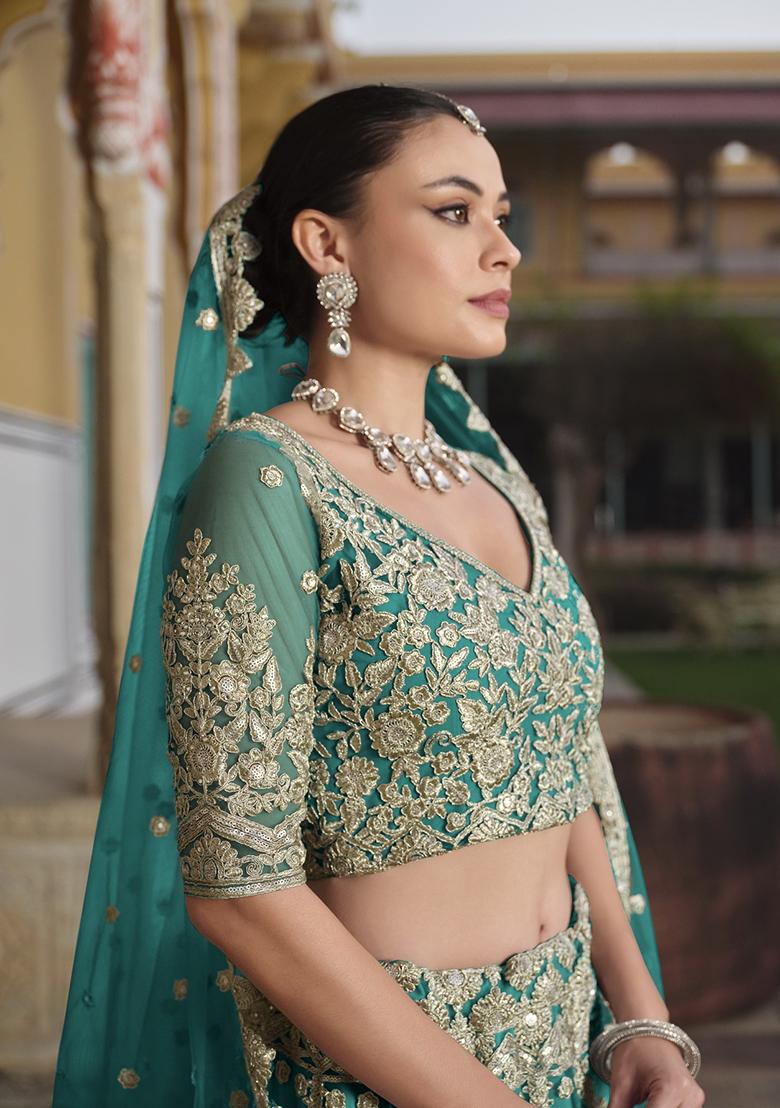 Teal Green Zari Thread Embroidered Net Lehenga Set