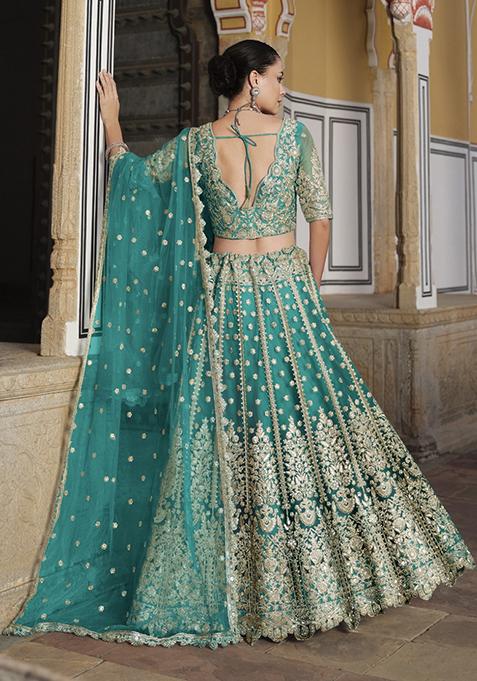 Teal Green Zari Thread Embroidered Net Lehenga Set