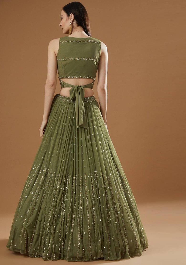 Green Sequin Embroidered Georgette Lehenga Set