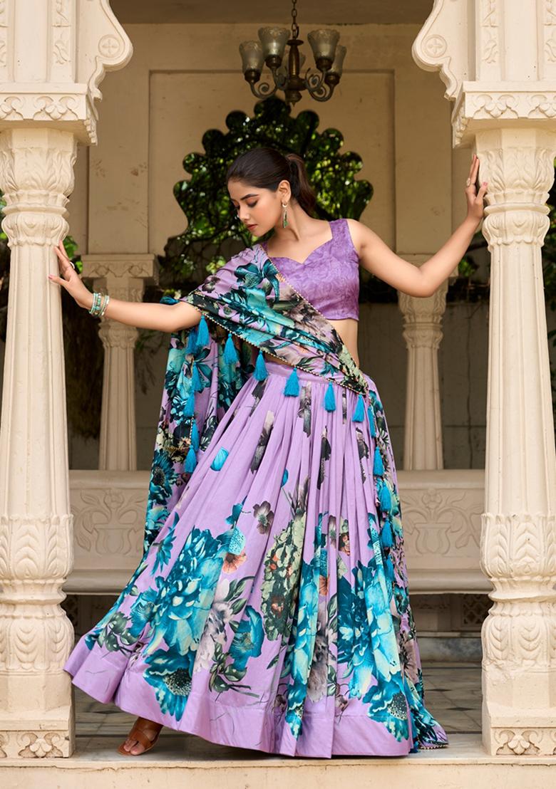 Lavender Printed Tussar Silk Lehenga Set