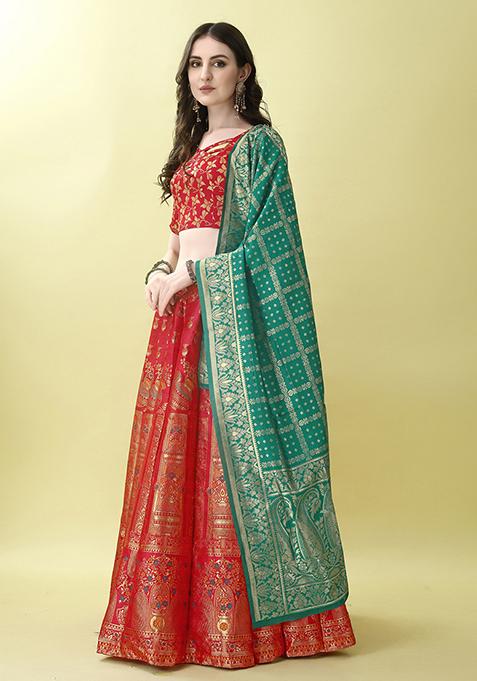 Red Embroidered Soft Silk Jacquard Lehenga Set