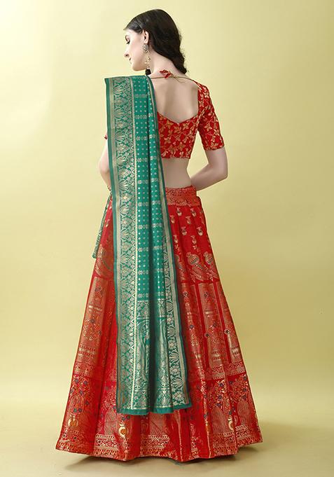 Red Embroidered Soft Silk Jacquard Lehenga Set