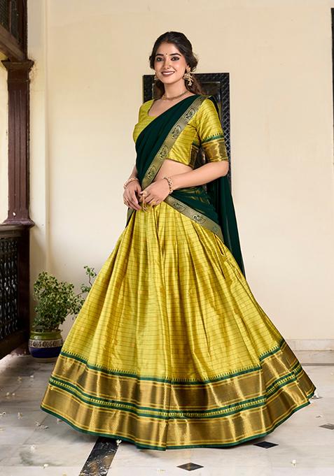 Parrot Green Zari Woven Cotton Silk Lehenga Set