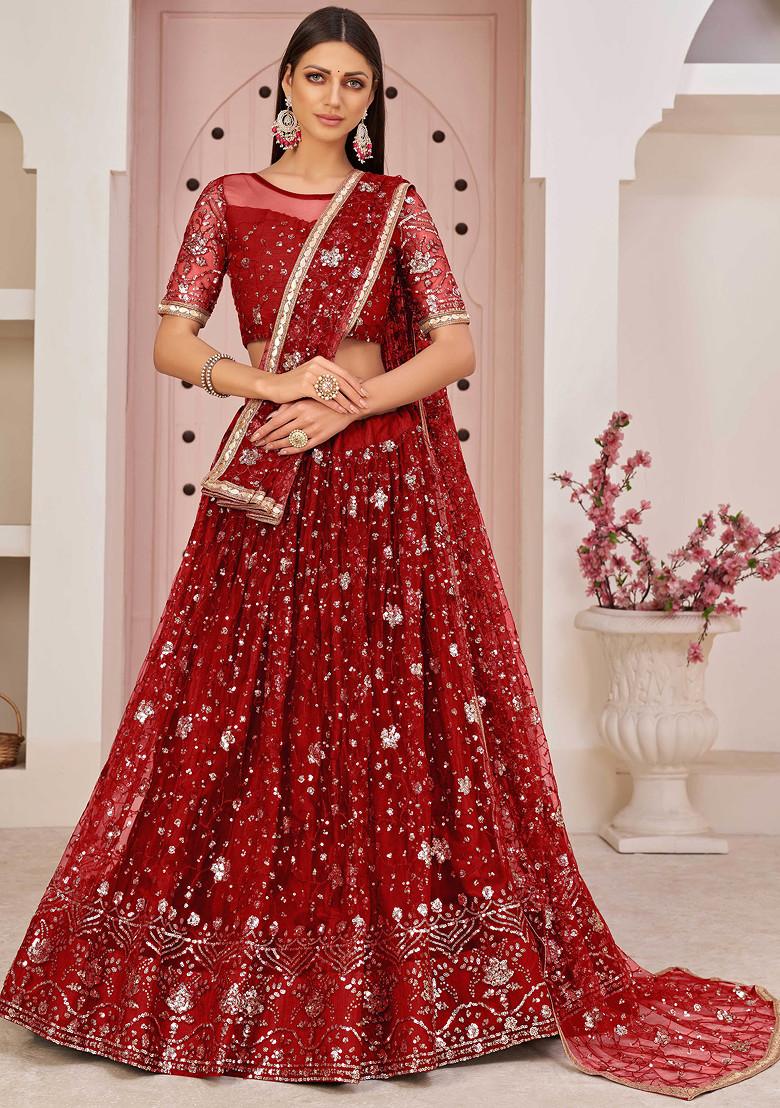 Red Sequin Embroidered Net Lehenga