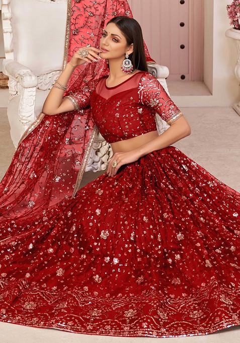 Red Sequin Embroidered Net Lehenga