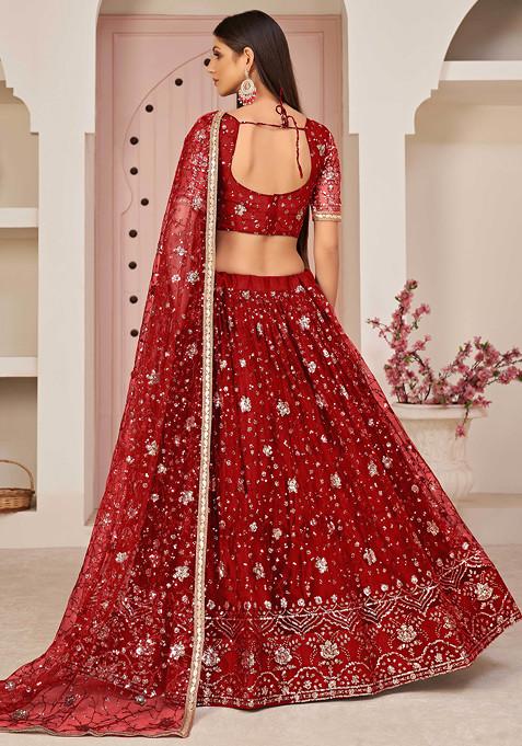 Red Sequin Embroidered Net Lehenga