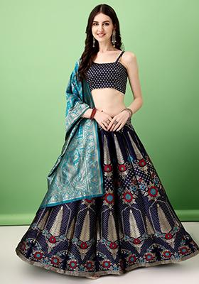 Multicolour Embroidered Soft Silk Jacquard Lehenga Set