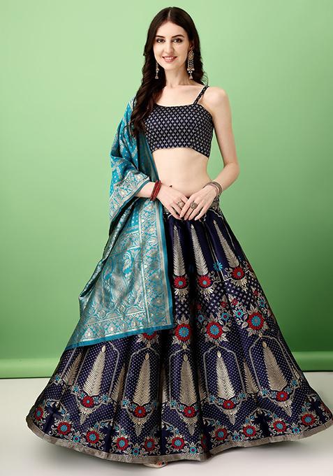 Multicolour Embroidered Soft Silk Jacquard Lehenga Set