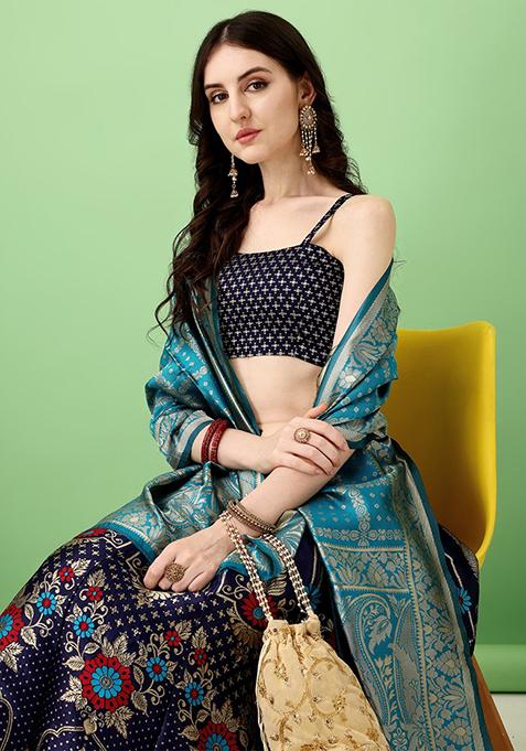 Multicolour Embroidered Soft Silk Jacquard Lehenga Set