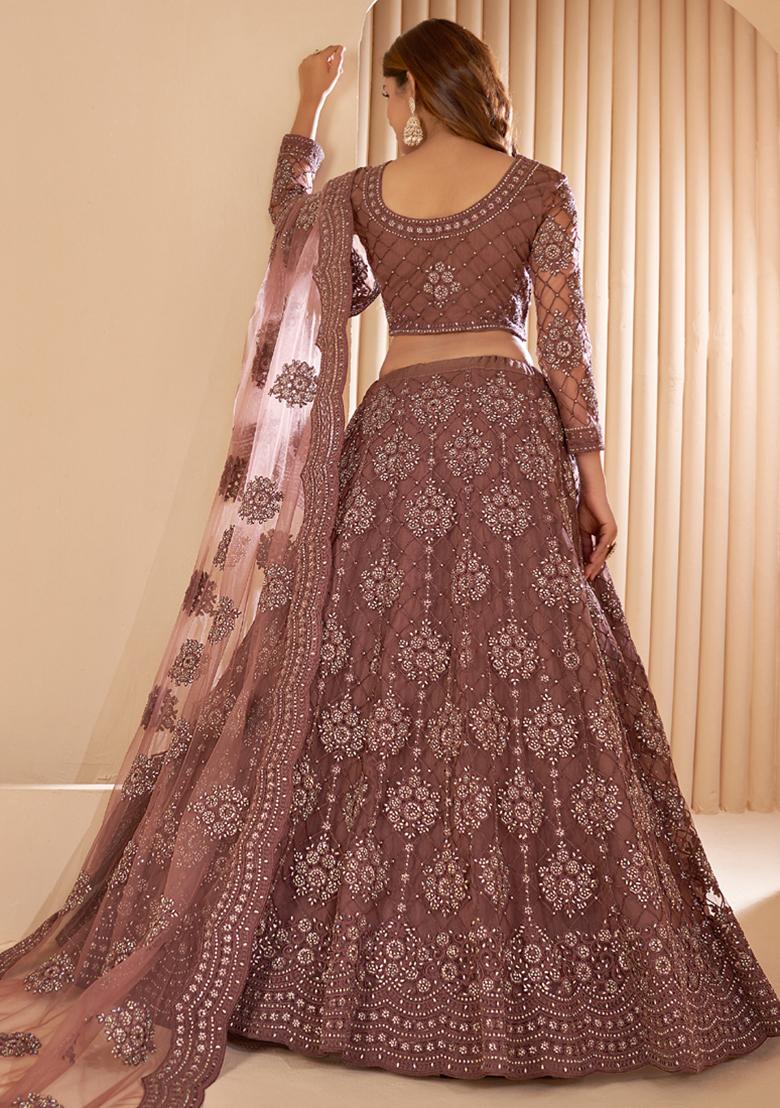 Brown Embroidered Net Lehenga Set