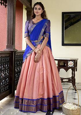 Peach Zari Woven Georgette Lehenga Set