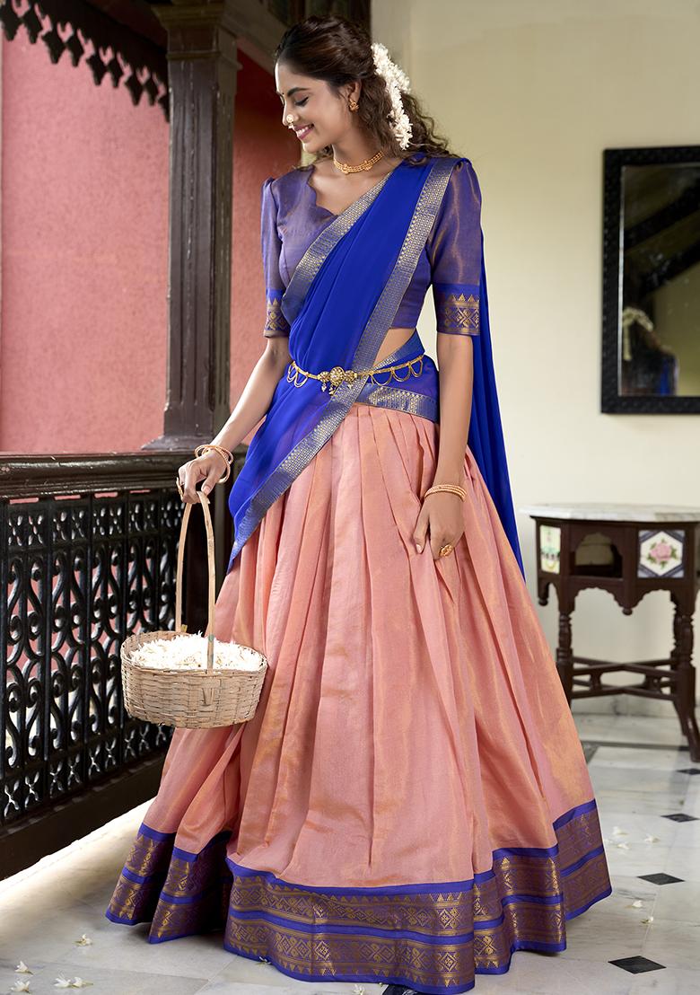 Peach Zari Woven Georgette Lehenga Set