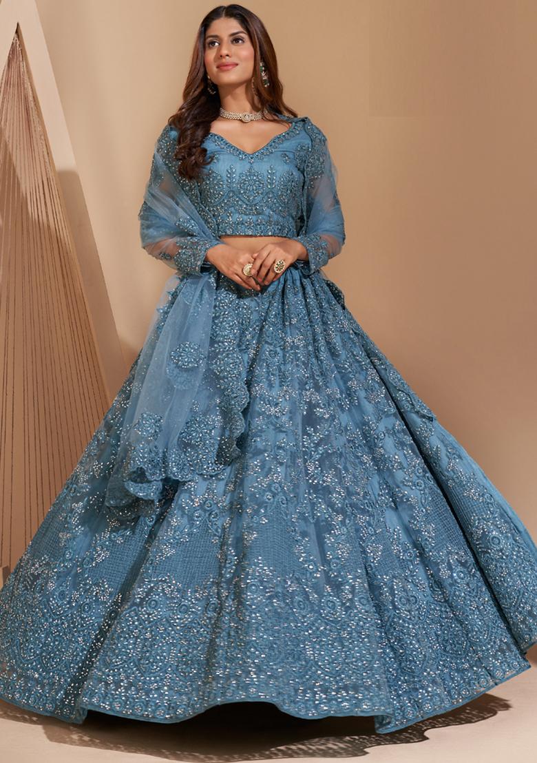 Blue Embroidered Net Lehenga Set