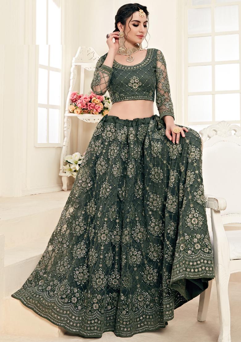 Green Embroidered Net Lehenga Set