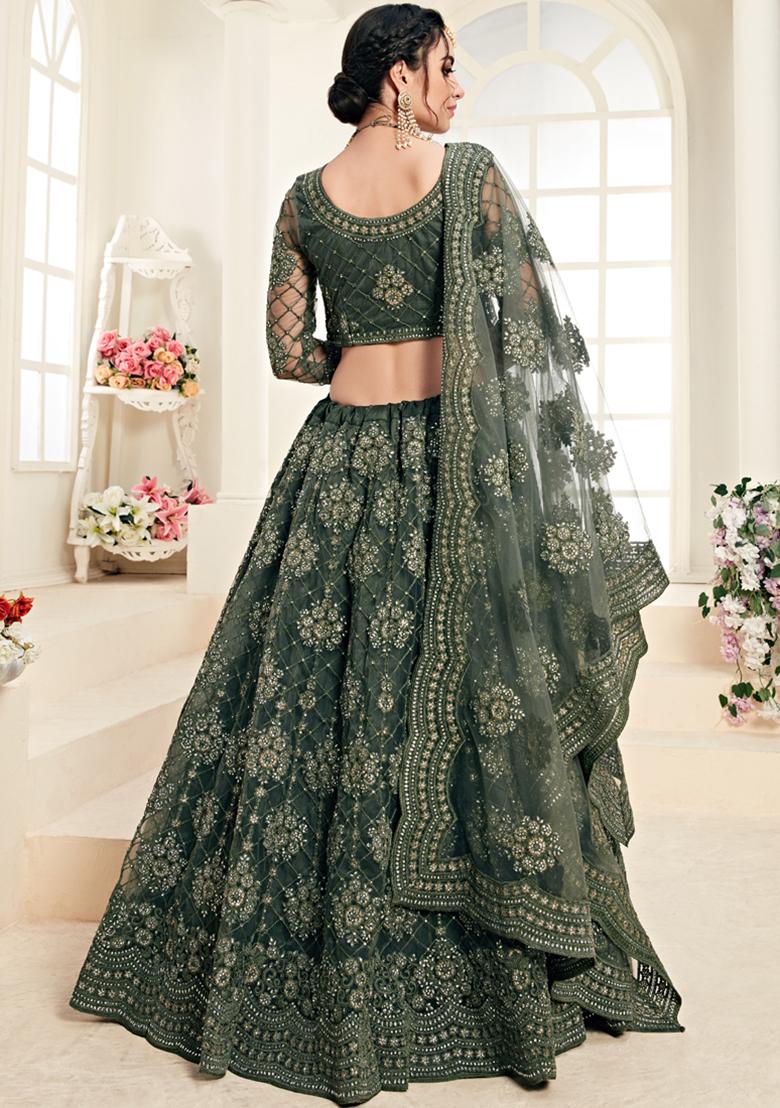 Green Embroidered Net Lehenga Set