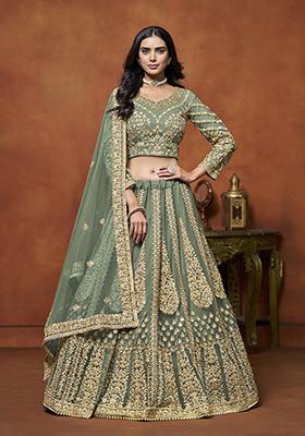 Green Embroidered Net Lehenga Set