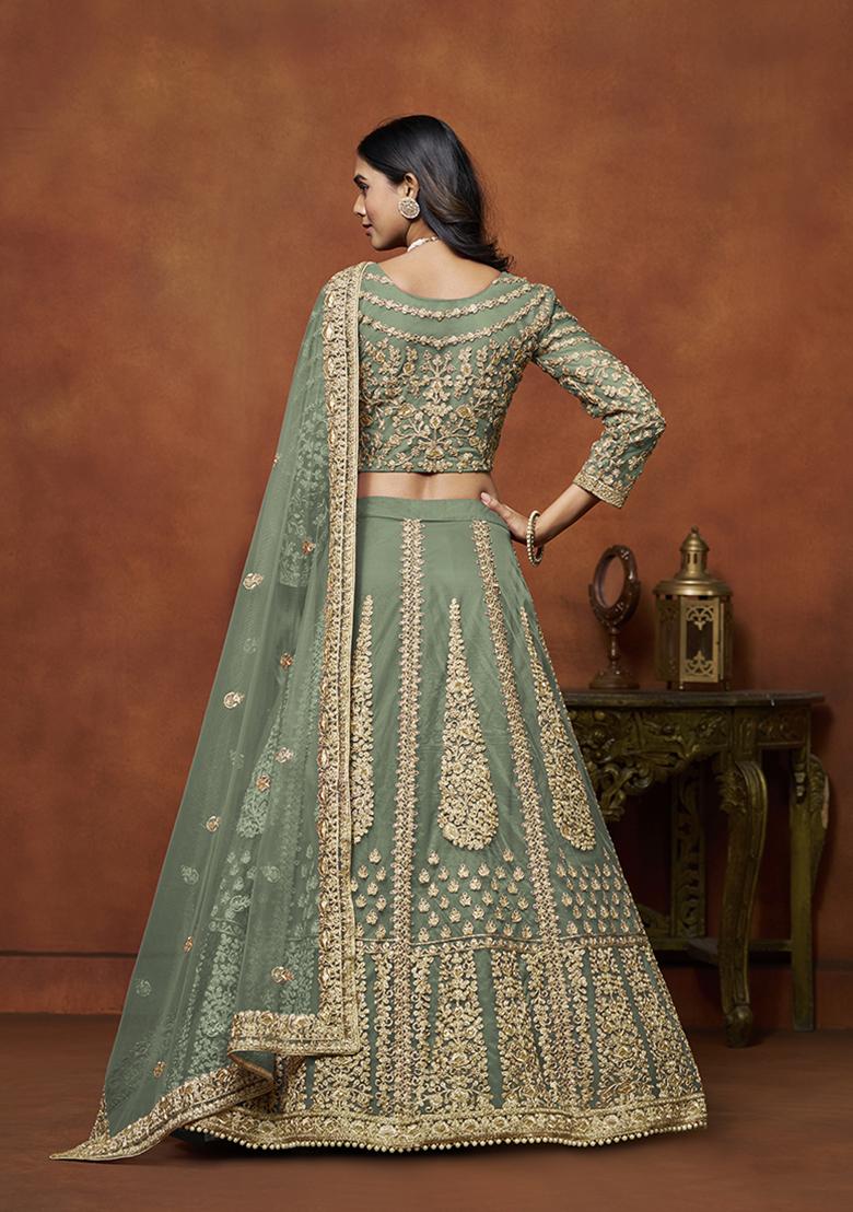 Green Embroidered Net Lehenga Set