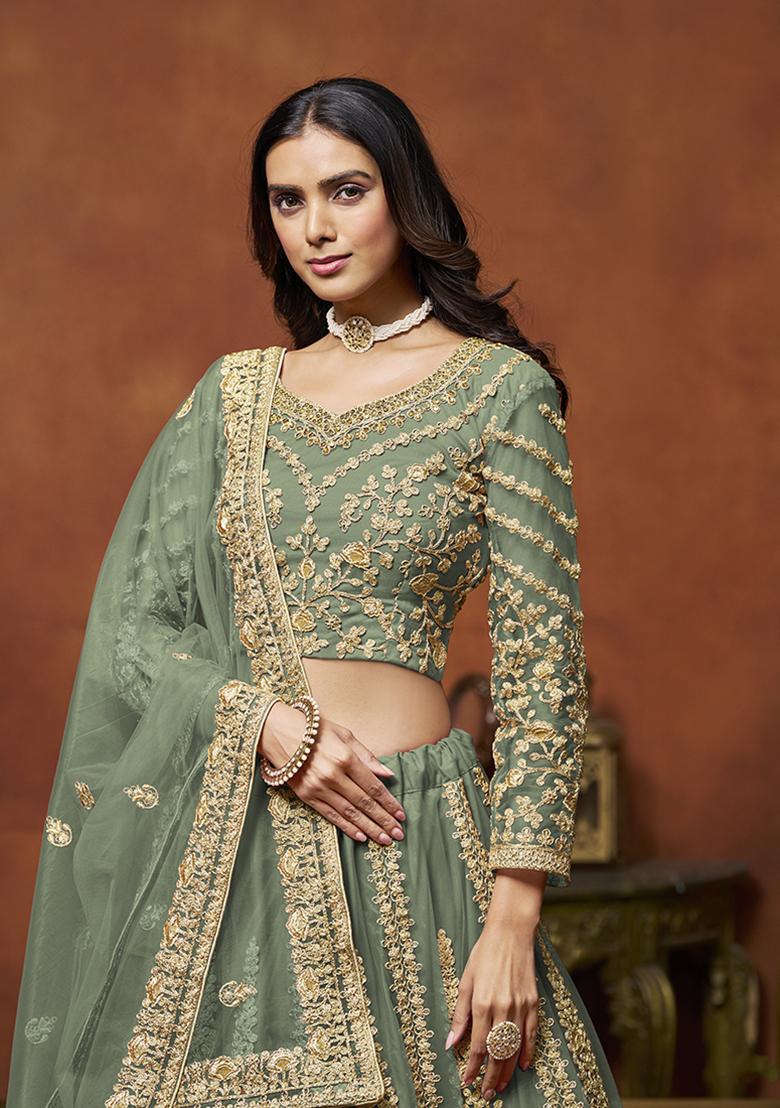 Green Embroidered Net Lehenga Set