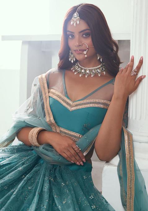 Rama Green Sequin Thread Embroidered Net Lehenga Set