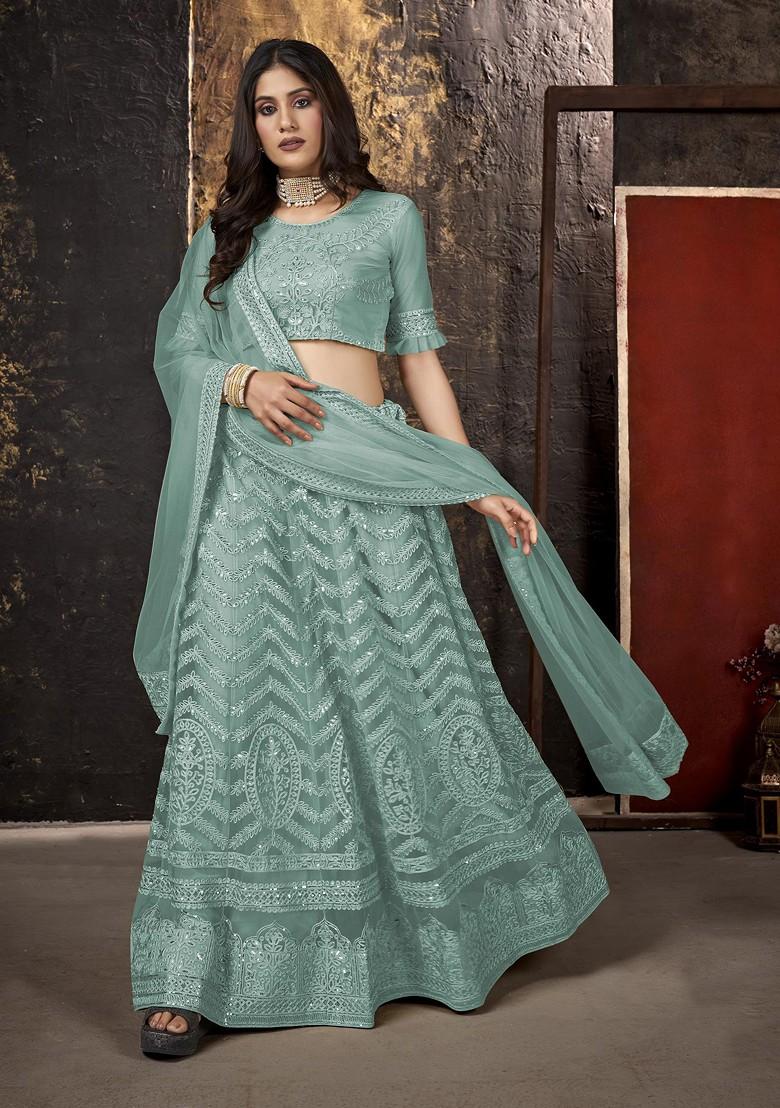 Sky Blue Embroidered Net Lehenga Set
