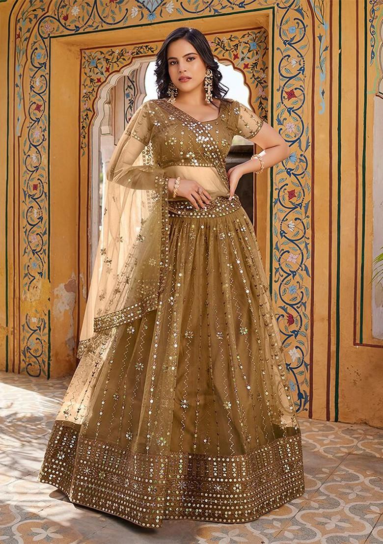 Brown Sequin Embroidered Poly Blend Lehenga Set