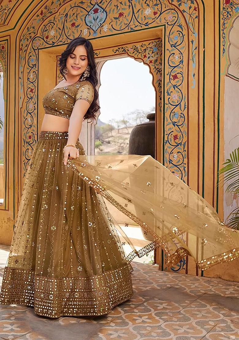 Brown Sequin Embroidered Poly Blend Lehenga Set