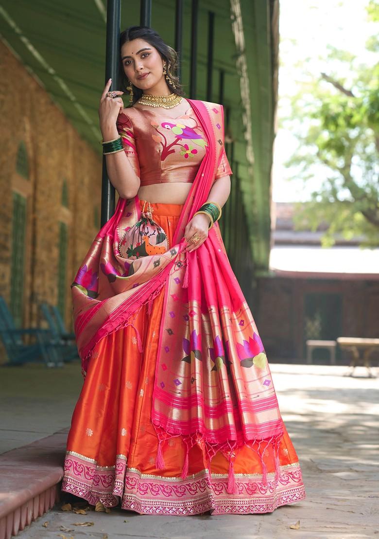 Orange Woven Jacquard Silk Lehenga Set With Purse