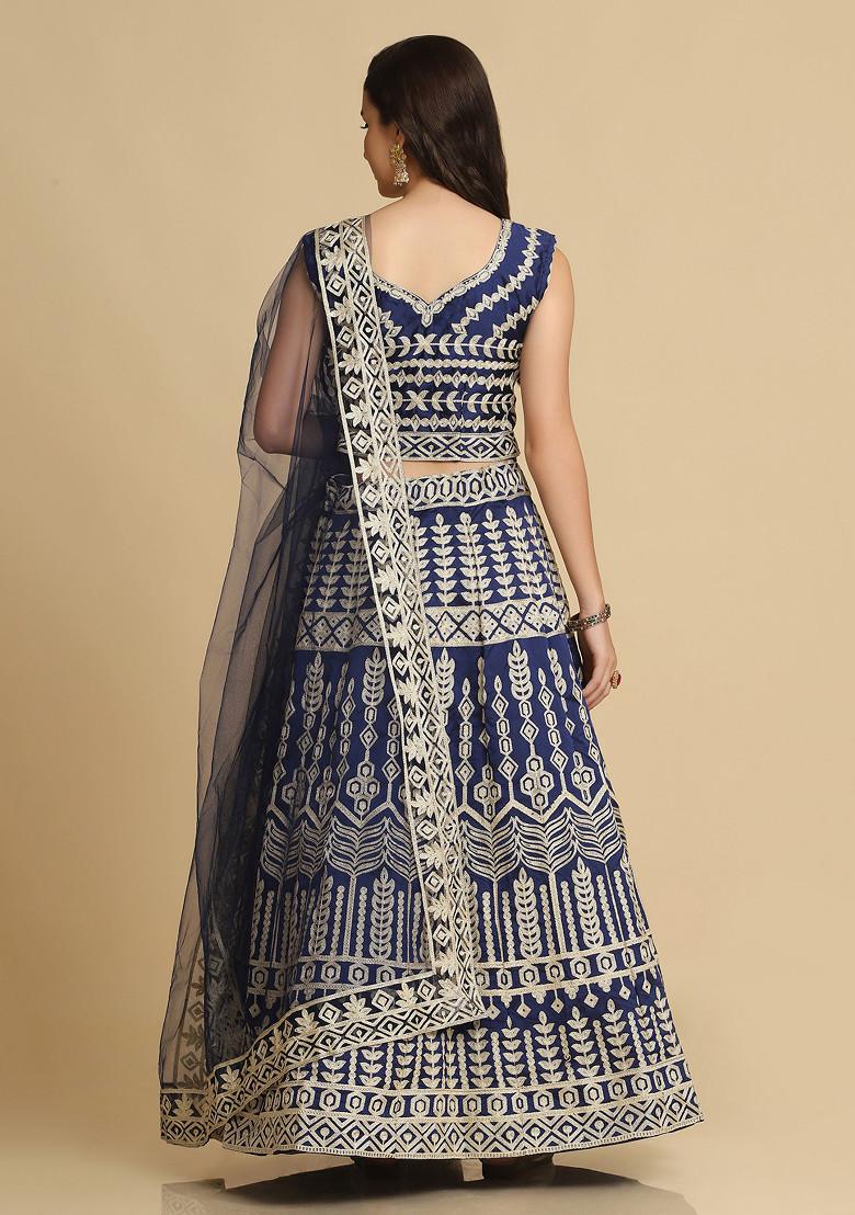 Blue Embroidered Taffeta Silk Lehenga Set