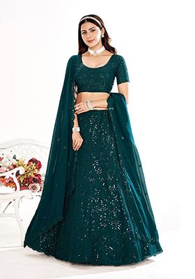 Blue Sequin Embroidered Poly Blend Lehenga Set