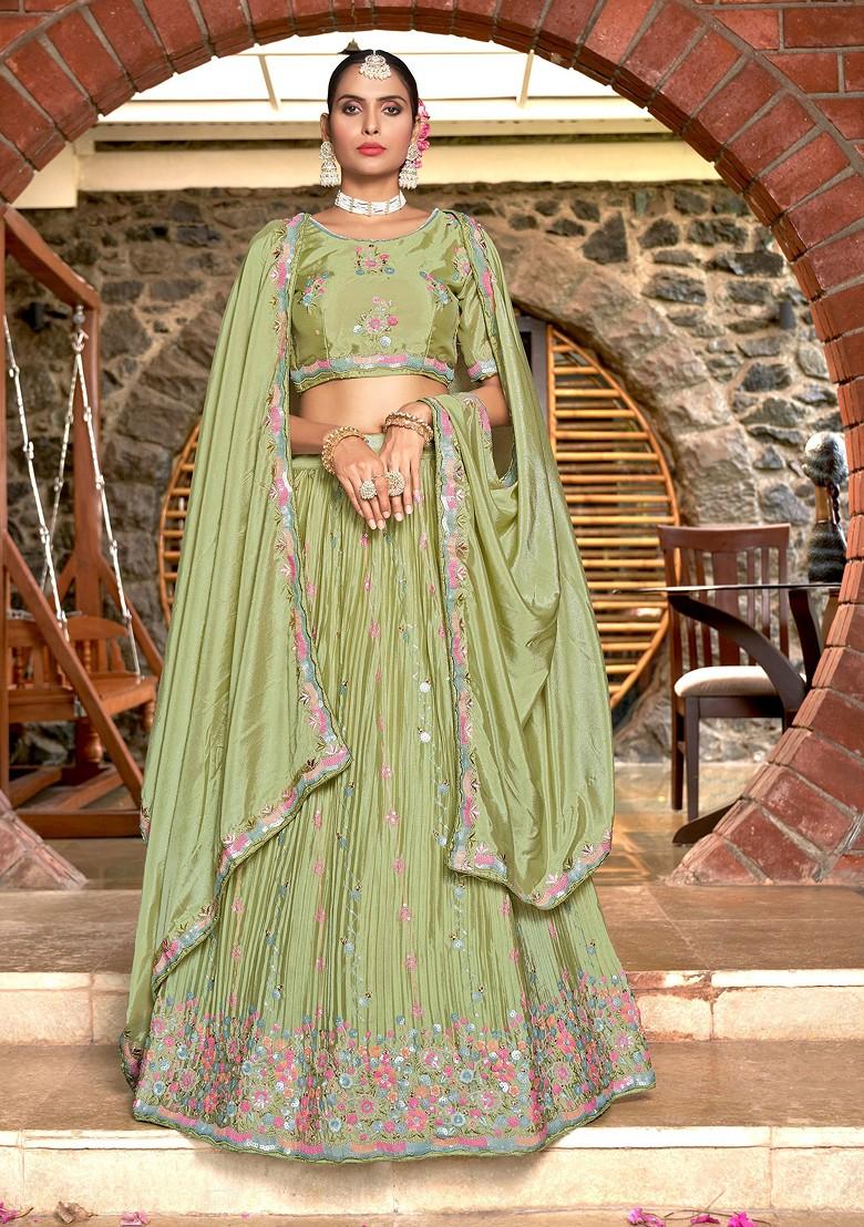 Off Green Embroidered Net Lehenga Set