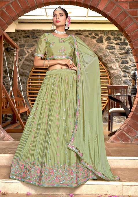 Off Green Embroidered Net Lehenga Set