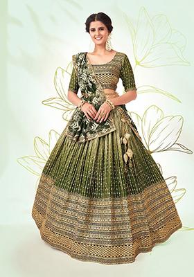 Olive Green Sequin Embroidered Poly Blend Lehenga Set