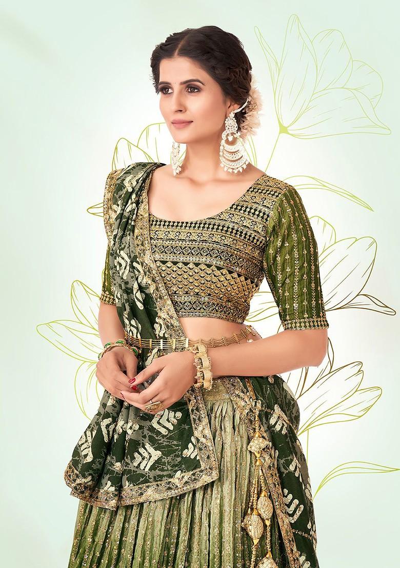 Olive Green Sequin Embroidered Poly Blend Lehenga Set