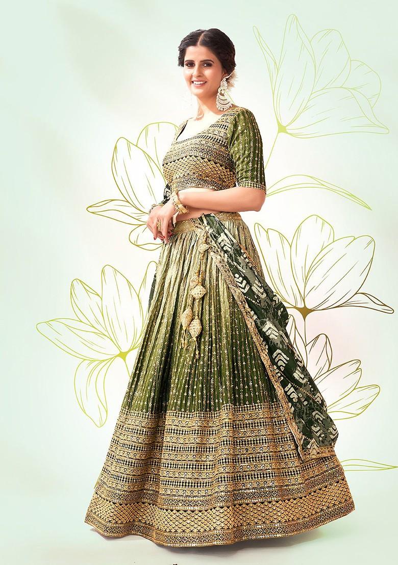 Olive Green Sequin Embroidered Poly Blend Lehenga Set