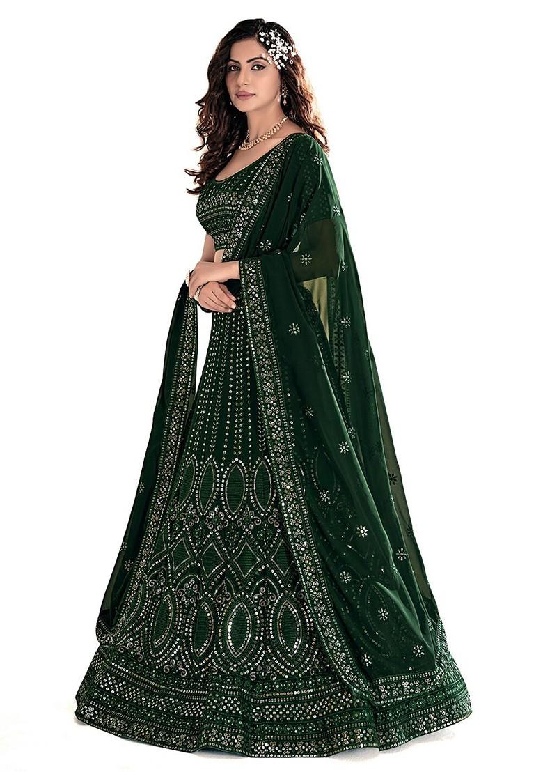 Green Sequin Embroidered Poly Blend Lehenga Set