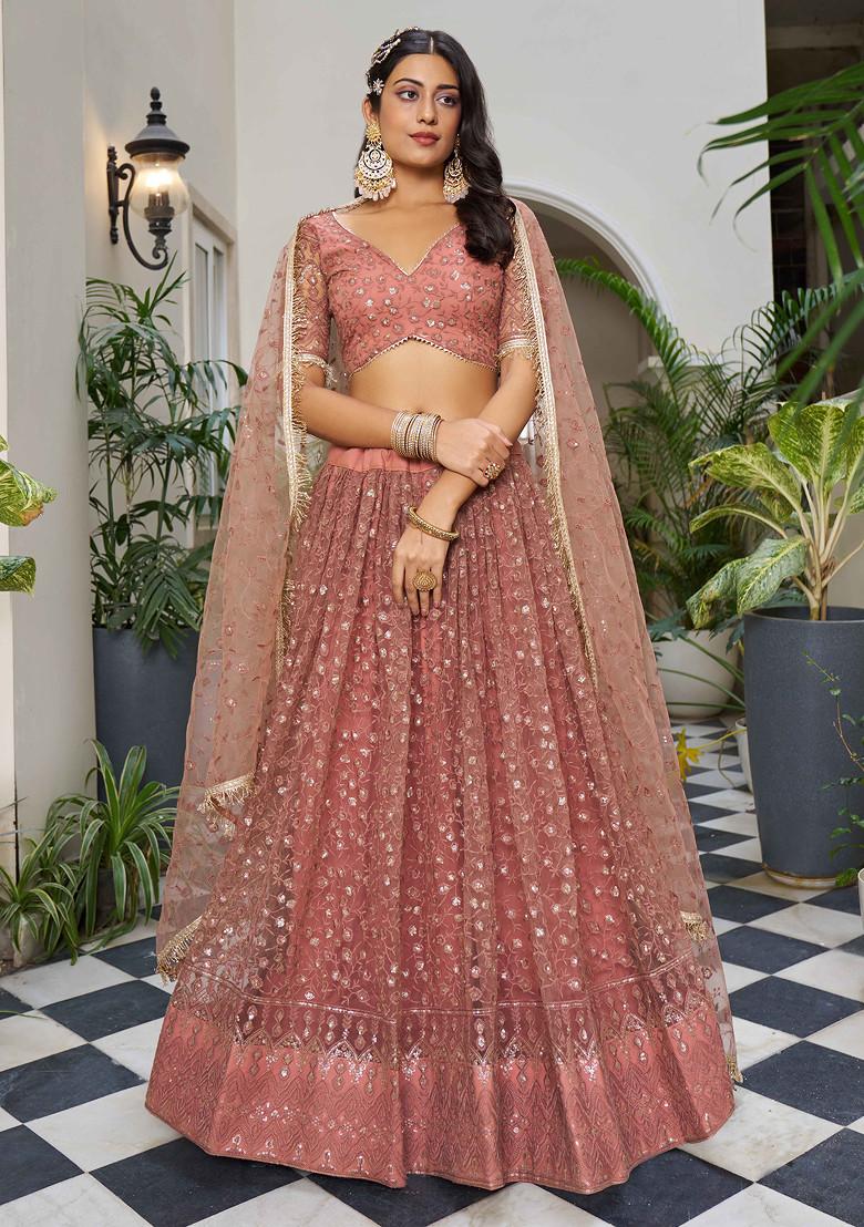Rust Thread Sequin Embroidered Net Lehenga