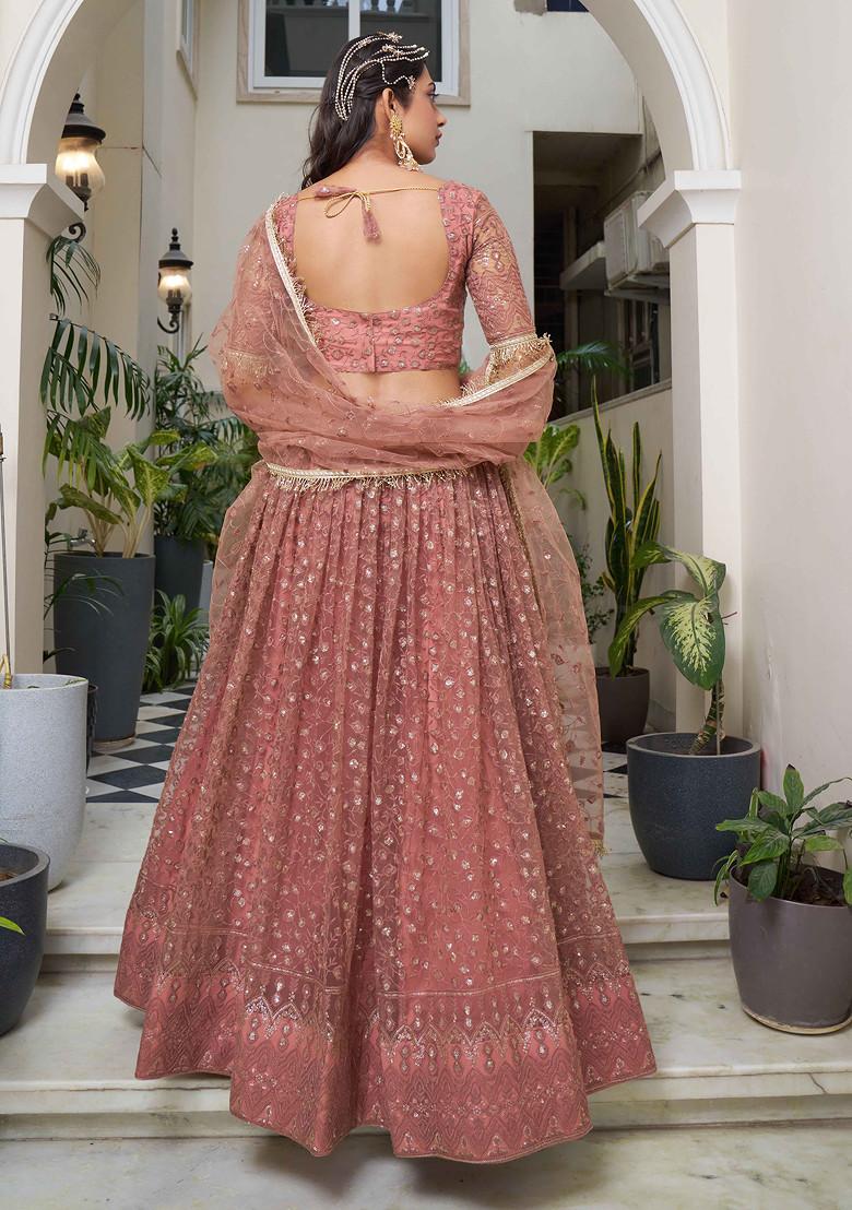 Rust Thread Sequin Embroidered Net Lehenga